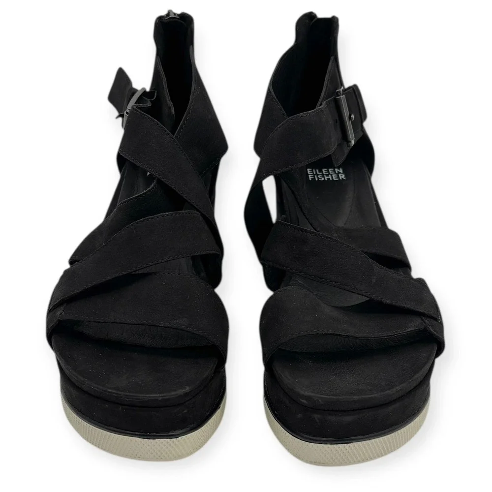 Eileen Fisher Women's‎ Black Boost Platform Wedge Sandals - Size 9.5